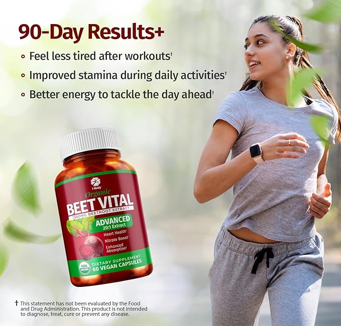 1 Body Beet Vital, Organic Beet Root Supplements for Circulation, Energy, & Stamina, Nitric Oxide Booster Beets Supplements with 1360mg Beetroot Extract, Vegan, Non-GMO, 60 Beetroot Capsules