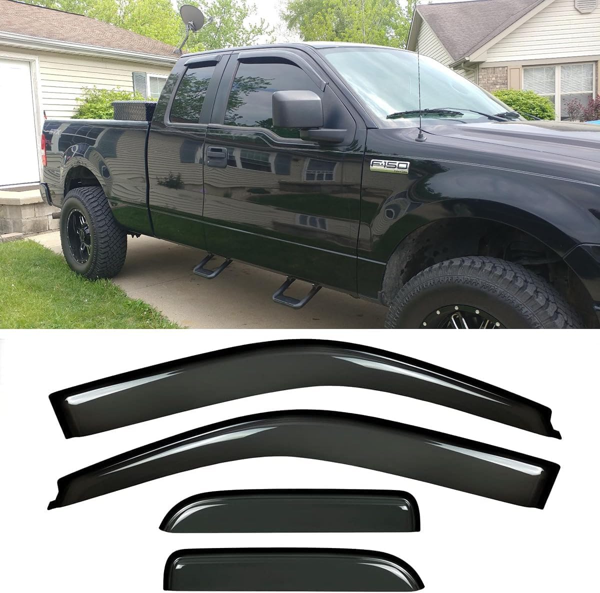 94738 Side Window Wind Deflector,4pcs Out-Channel Tape On Dark Smoke Nice Rain Guards Set, Window Visor fit for Ford F-150 2004-2014 Super/Extended Cab Only (Not Fit 2004 Heritage)