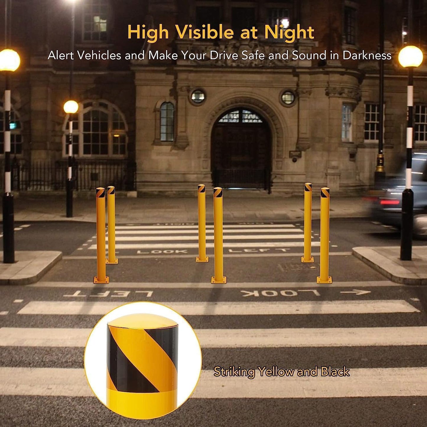 6Pcs Heavy Duty Safety Bollards, 48" Height, 4.5" Diameter Steel Pipe Bollard Post with 24 Anchor Bolts, High-Visibility Yellow Parking Bollard for Traffic Control, Warehouses, & Pedestrian Safety