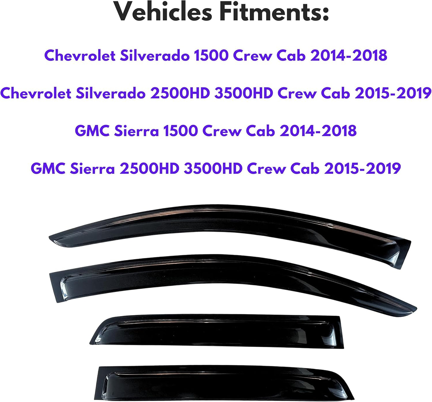 KPY Window Visor for 2014-2018 GMC Sierra & Chevrolet Chevy Silverado 1500, 2500HD 3500HD 2015-2019, 4PC Rain Guards Tape-On Style, 2014 2015 2016 2017 2018 2019 (Crew Cab Only)