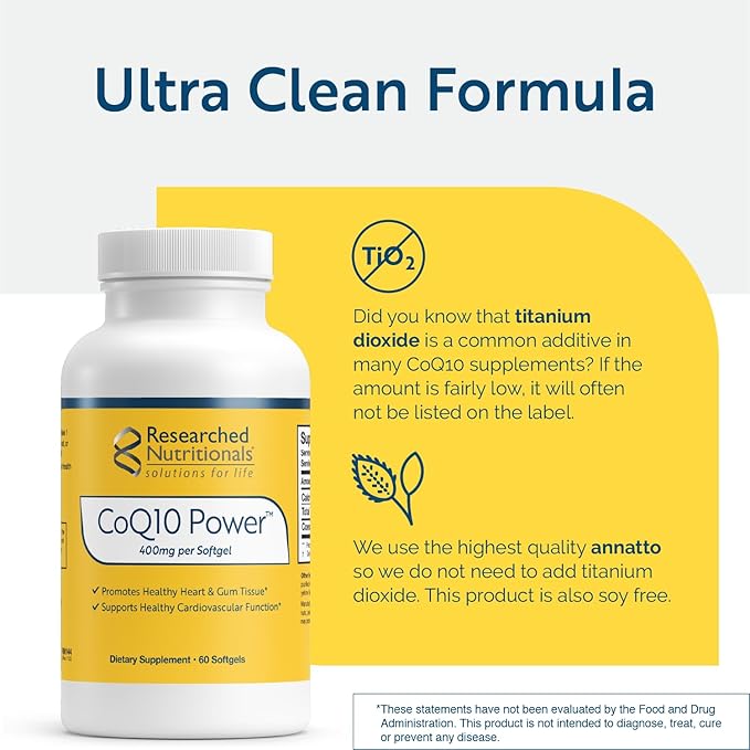 Researched Nutritionals CoQ10 400mg Softgels - CoQ10 Power - Therapeutic-Strength Coenzyme Q10 Supplement - Support Natural Energy & Immune Function, Promote Healthy Heart & Gum Tissue (60 Softgels)