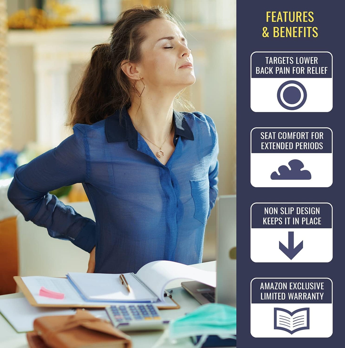 DMI Gradual Slope Seat Cushion for Coccyx, Sciatica and Tailbone Pain, Machine Washable-Cover, 15 Inch, Navy (Pack of 10)