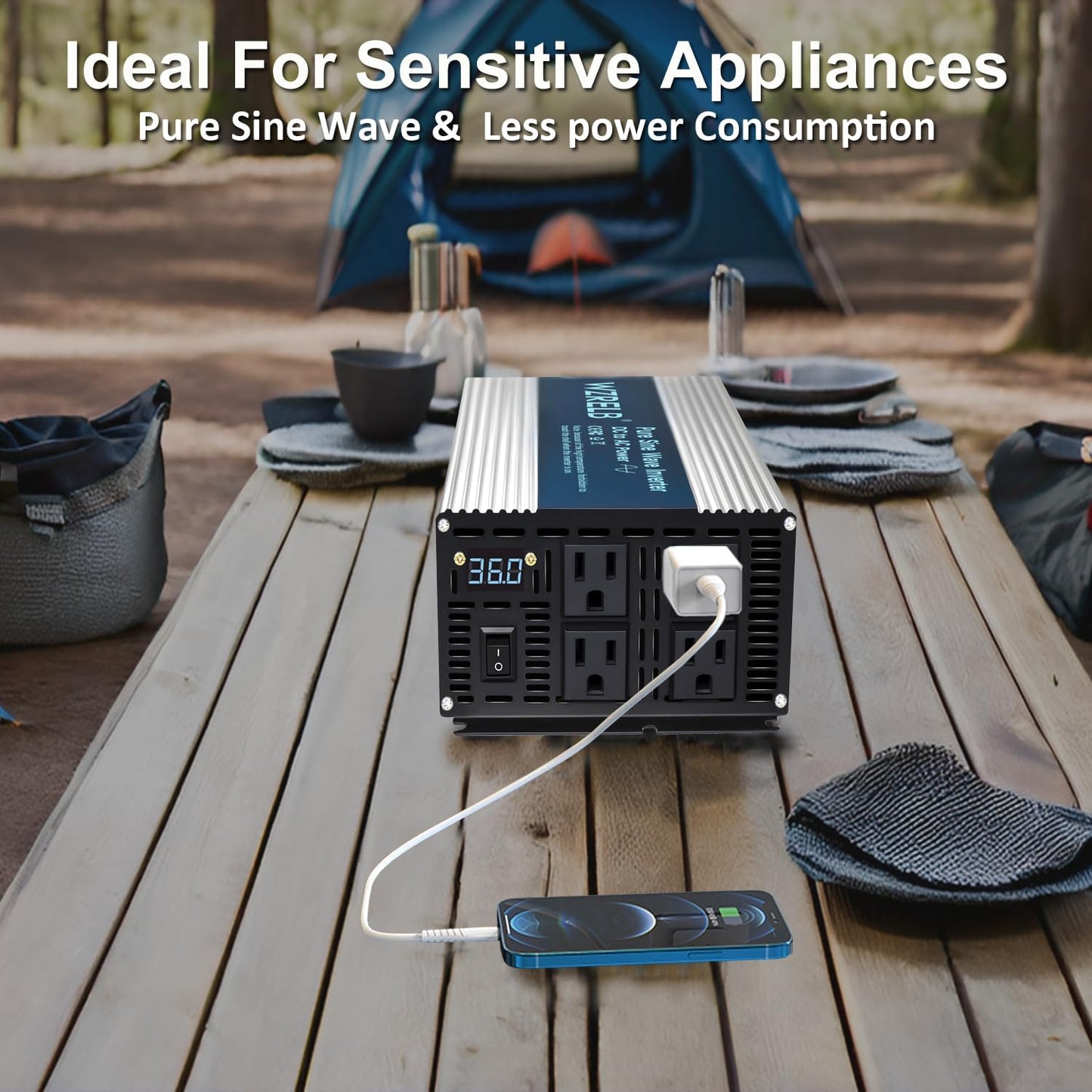 WZRELB 2000W Pure Sine Wave Inverter 36V DC to 110V 120V AC, Car Power Inverter with 4 AC Outlets, LED Display,Off-Grid Portable Power Converter for Home, RV, Truck, Camping