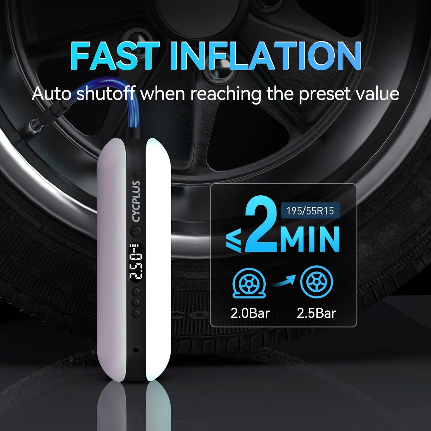 CYCPLUS Electric Air Compressor Portable Bicycle Pump Car Tire Inflator, Max 150 PSI, Auto Shut-Off Air Pump with Presta and Schrader Valves for All Bicycles Motorcycles and Cars