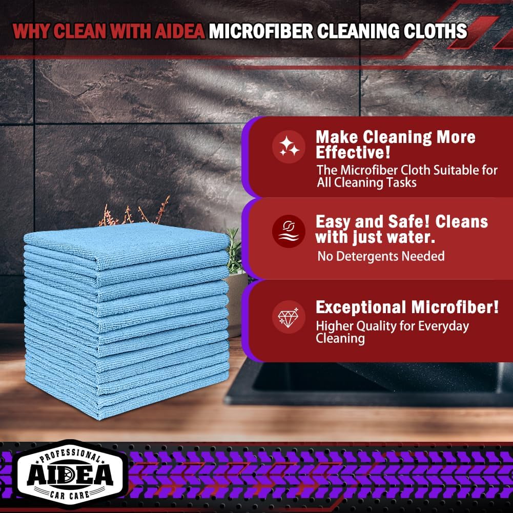 AIDEA Microfiber Cleaning Cloths, 150PK, Blue, 12x12 Inch, Shop Rags, Absorbent, Lint Free, Reusable, Ideal for Cars, Kitchen, Household, Dusting, Polishing