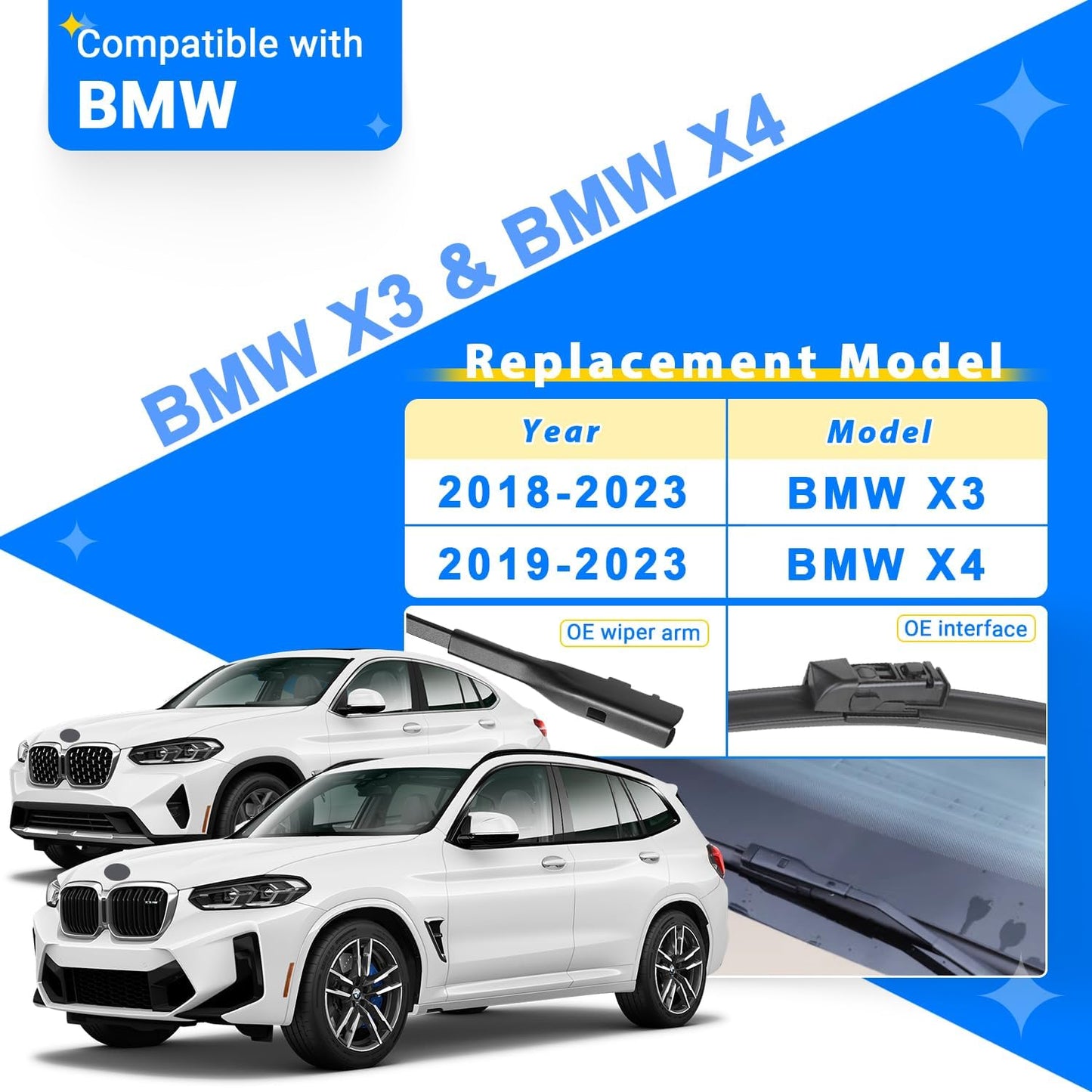 Windshield Wiper Blades Replacement for 2018-2023 BMW X3 X4 Original Factory Quality Front Rear Wipers Blade Set for My Car - 26" 20" 12" (Pack of 3)