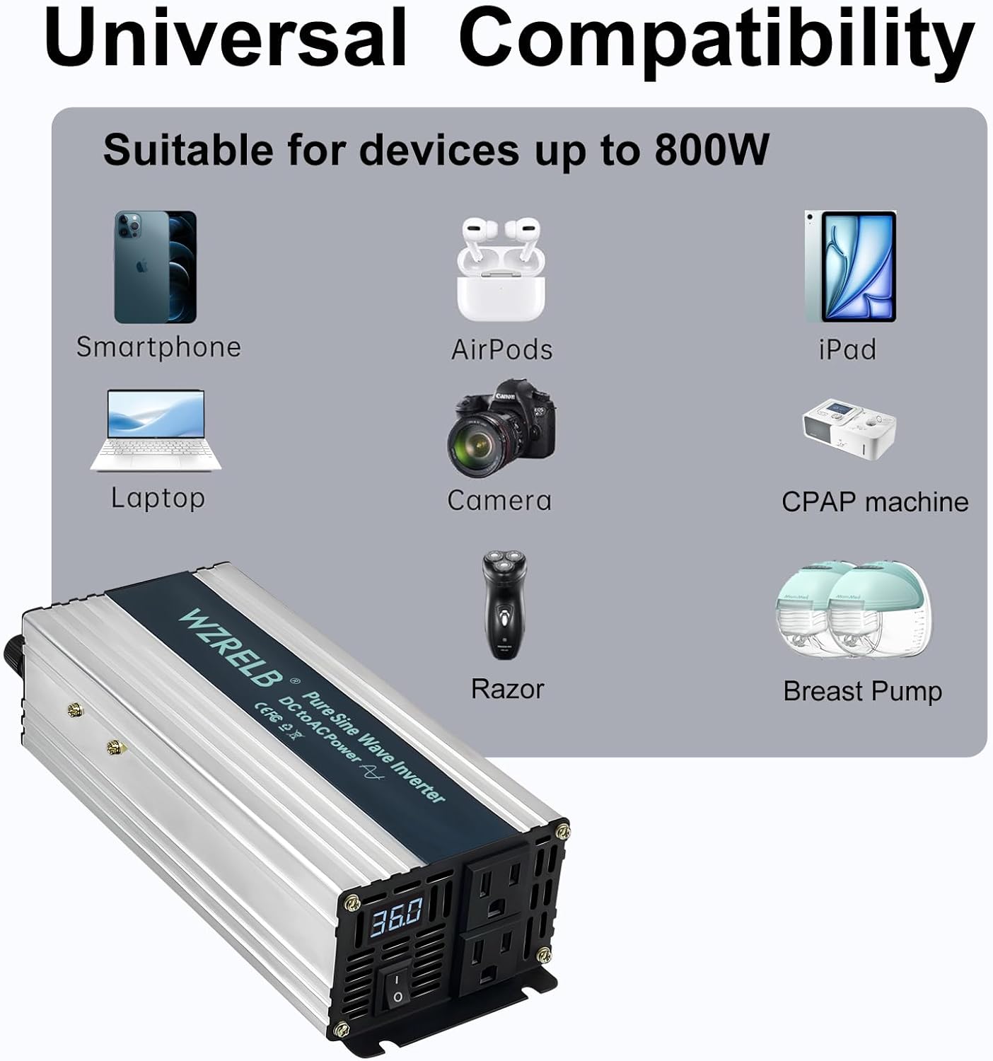 WZRELB 800W Pure Sine Wave Inverter 36V DC to 110V 120V AC Power Converter with LED Display, Off-Grid Portable Power Inverter with 2 AC Outlets for Home, RV, Truck, Camping