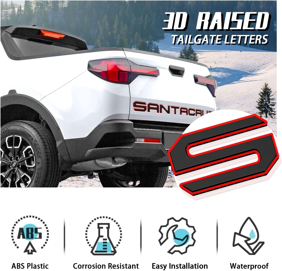 Tailgate Inserts Letters Compatible for 2022 2023 2024 2025 Santa Cruz 3D Raised & Strong Adhesive Decals Letters Rear Emblem Decal Sticker Compatible for Santa Cruz Accessories-Black Red
