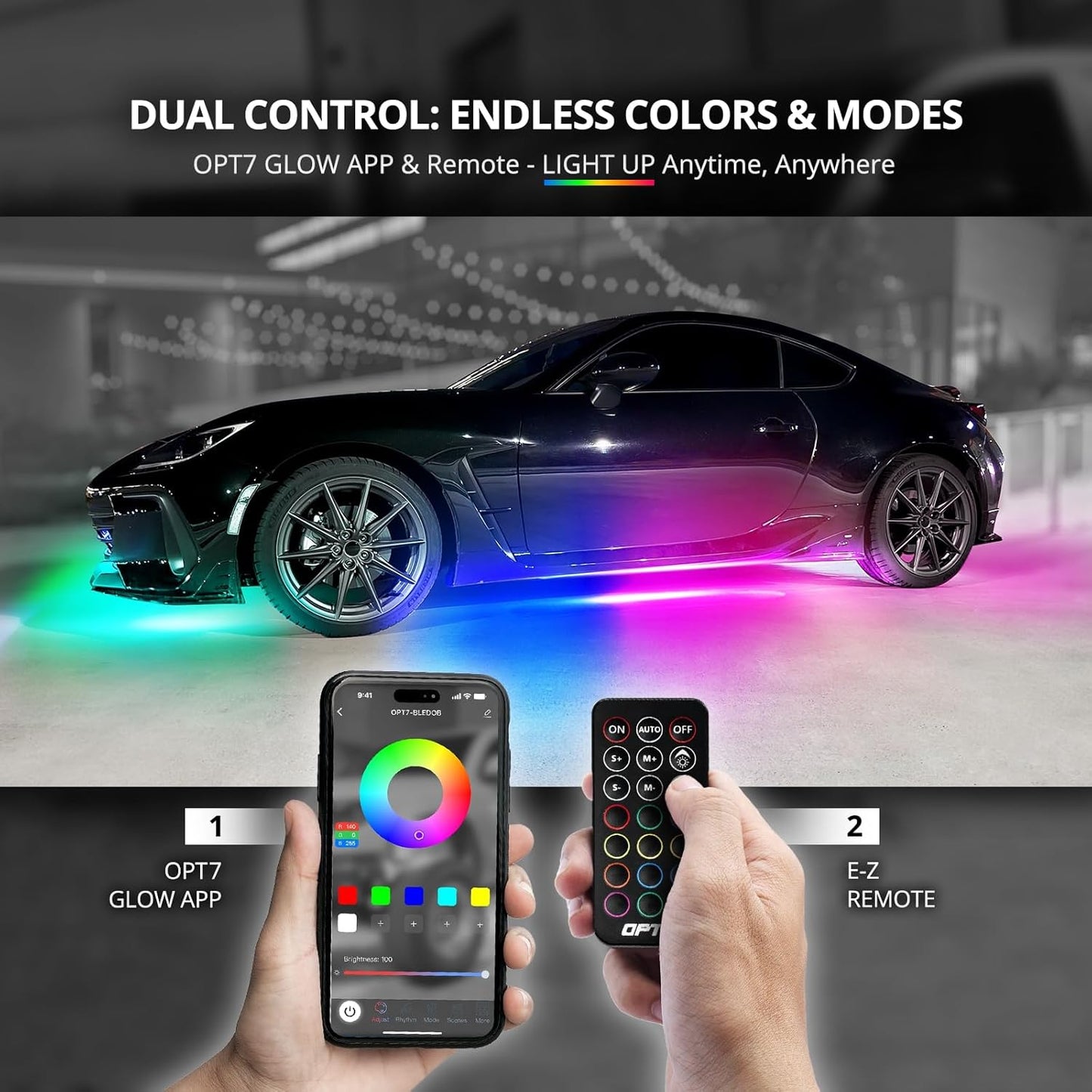 OPT7 Aura DreamColor Underglow Chasing Light Kit with APP & Remote Control, 4 PCS Flexible RGBIC LED Light Strips, Exterior Neon Accent Underbody Lights for Car Truck RV, Multi Colors Music Mode, 12V