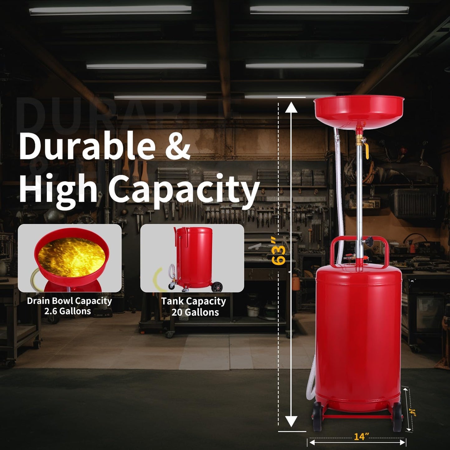 XtremepowerUS 20 Gallon Portable Waste Oil Drain Tank Air Operated Drainage Adjustable Funnel Height with Wheel, Red