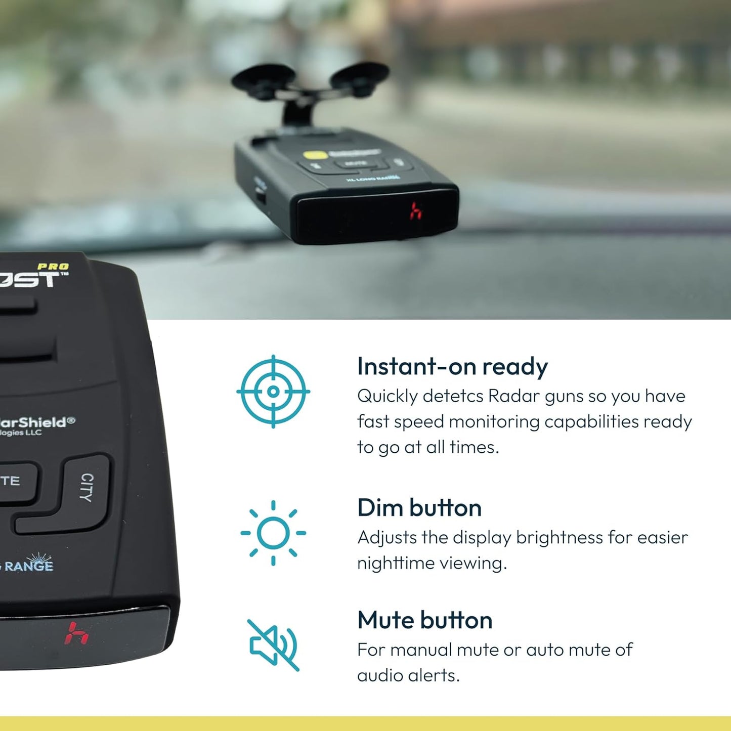 RadarShield Advanced Radar Detector for Cars, Ghost Pro Radar & Laser Detector with Long Range Detection, IVT Filtering, Laser Detection, Mute & Dim Buttons, Includes Mount & 12V Adapter, Black