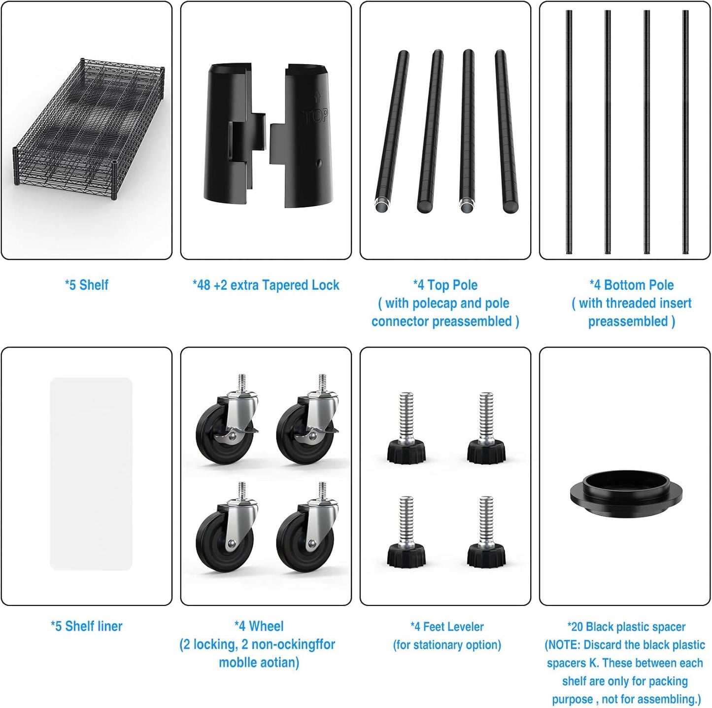 pouseayar Black 5 Tier Shelf Wire Shelving Unit, 6000lbs Capacity NSF Metal Heavy Duty Adjustable Storage Rack with Wheels & Shelf Liners, 82" H x 48" L x 24" D