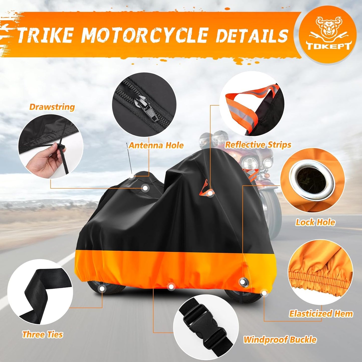Trike Motorcycle Cover, Outdoor Waterproof Vehicle Cover with Windproof Buckle Reflective Strip for Harley Davidson, Honda Gold Wing, Kawasaki 3 Wheel Motorcycle Accessories (Black&Orange)
