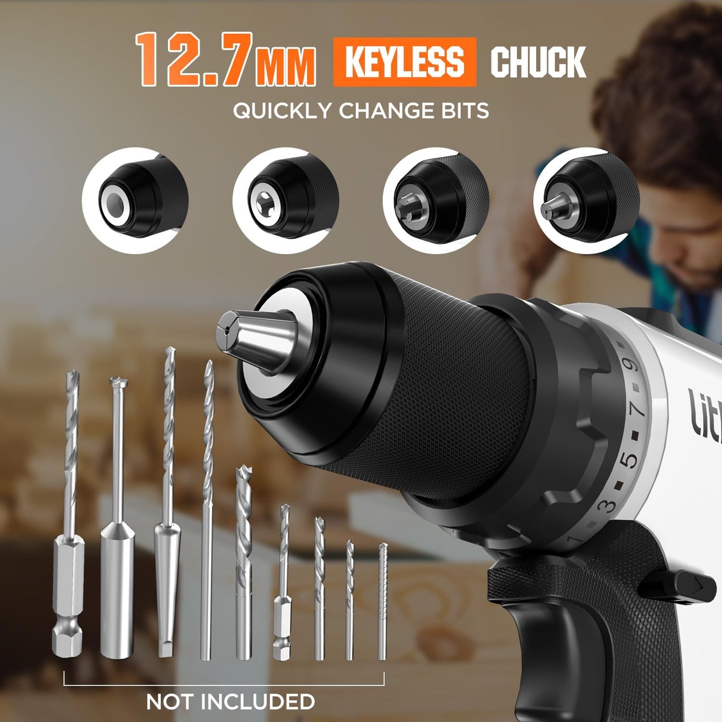 Litheli 20V Cordless Drill Driver, Brushless Power Drill with 2 Variable Speed, 1/2 Inch Keyless Chuck, Electric Drill, 17+1 Clutch Settings with Maximum Torque of 530 In-lbs (Charger not Included)