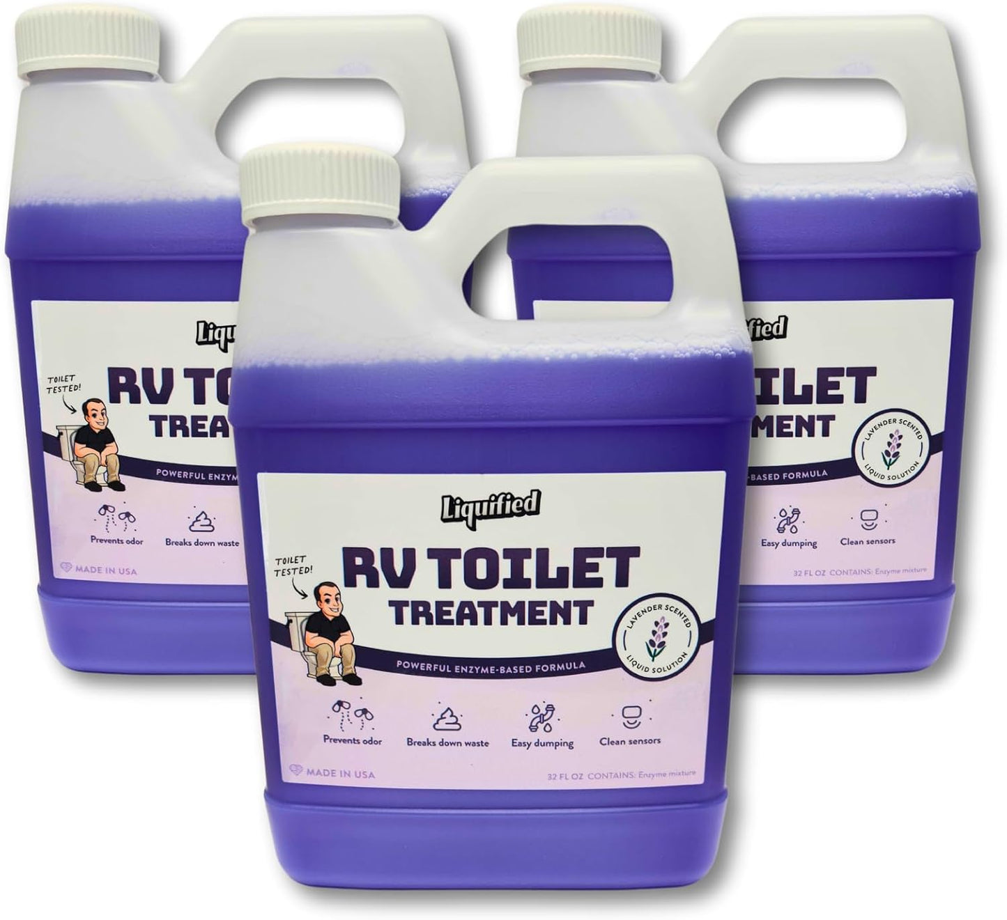 Liquified RV Toilet Treatment - Lavender, 32oz Standard Pour Bottles (3-Pack) - Septic Safe Holding Tank Cleaner, Waste Dissolver & Odor Eliminator - Made in USA