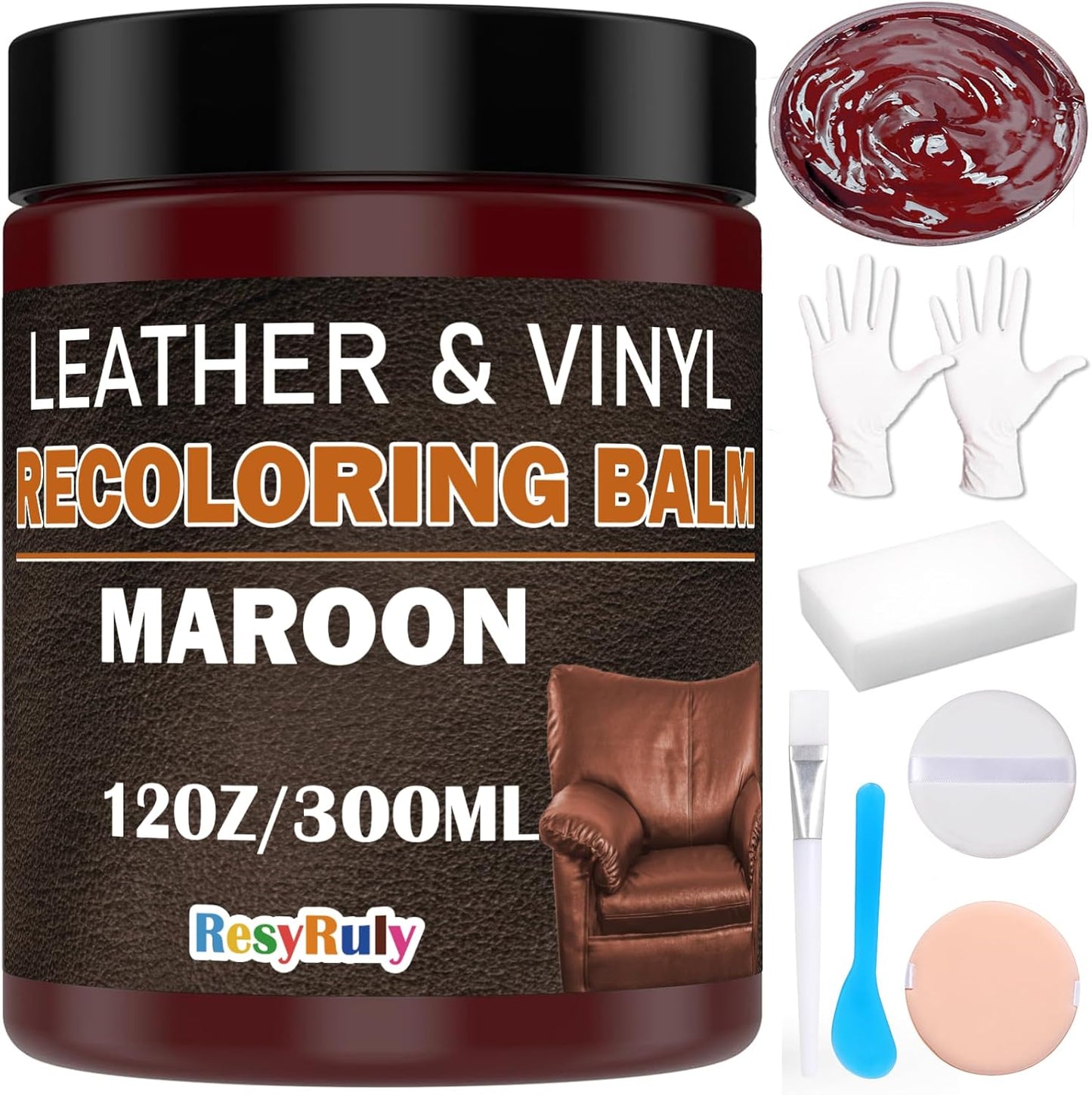 Maroon Leather Repair Kit for Furniture Dye Car Interior Vinyl Seats Paint Leather Conditioner Couch Handbag Chair Stain Remover Recoloring Balm Restorer Cream Cat Dog Scratches & Color Applicator