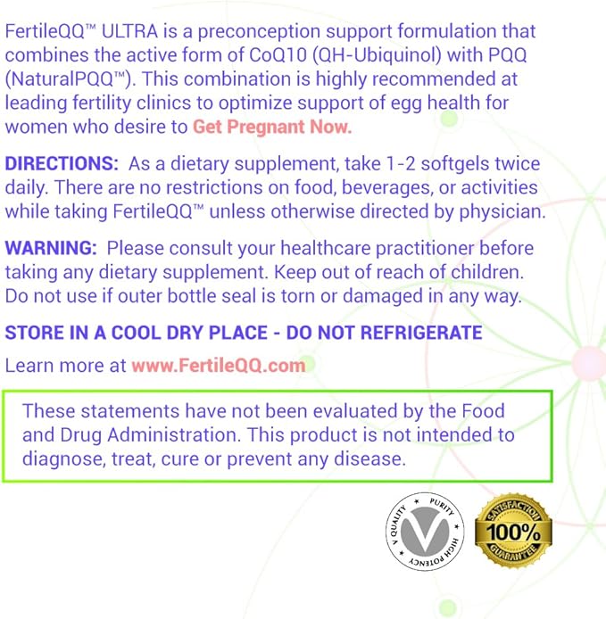 FertileQQ ULTRA Ubiquinol (QH) plus PQQ to BOOST Mama's 2B Natural Reproductive Support, #1 Formula for Support of Mitochondria Egg Cell Health - Doctor Recommended Fertility Formula.