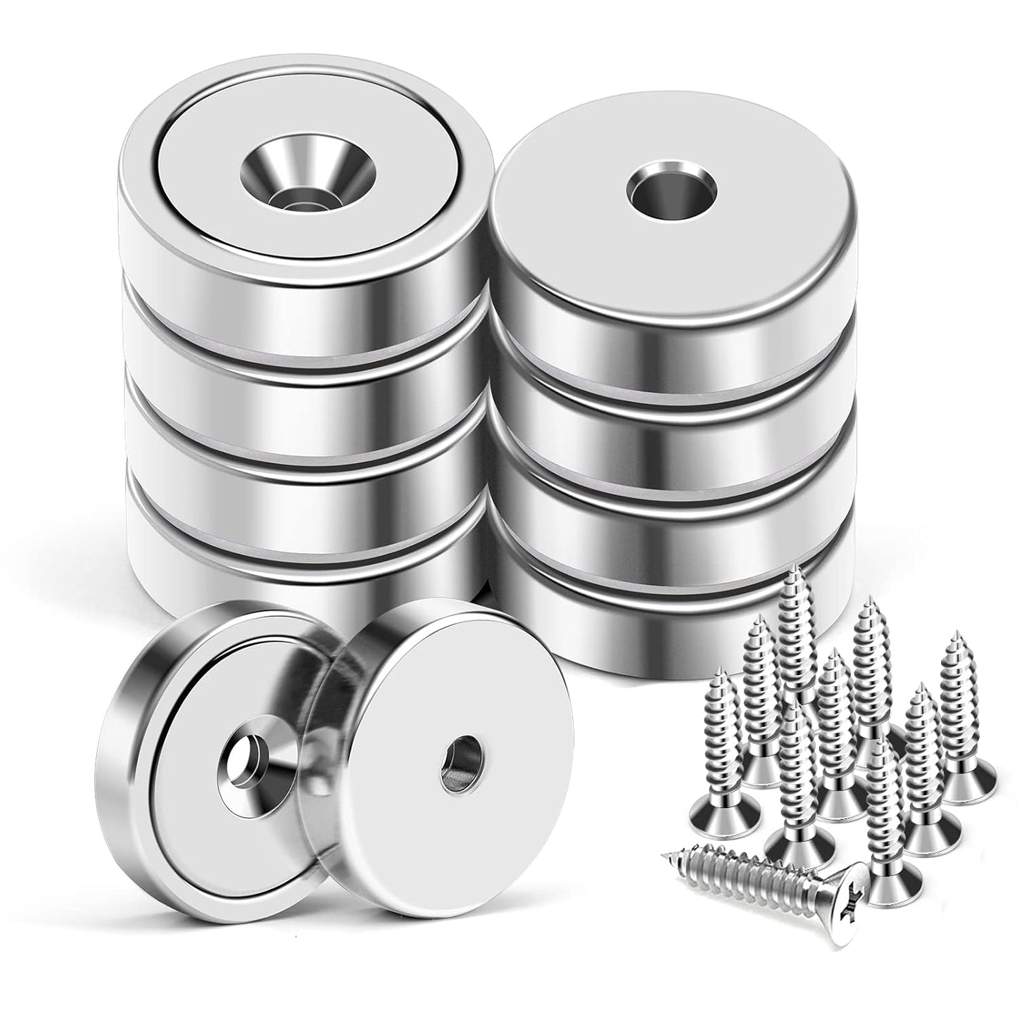 MIKEDE 10 Pack Strong Neodymium Cup Magnets, 70Lbs+ Holding Force Heavy Duty Round Base Cup Magnets with Countersunk Hole, Powerful Industrial Strength Rare Earth Magnet with Screws for Wall Mounting