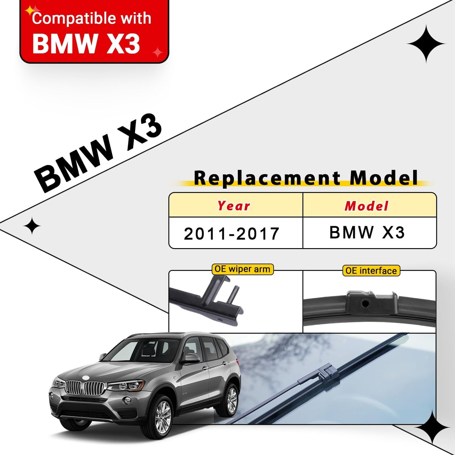 Windshield Wiper Blades Replacement for BMW X3 2011 2012 2013 2014 2015 2016 2017 Original Factory Quality Front Rear Wipers Blade Set for My Car - 26" 20" 13" (Pack of 3)