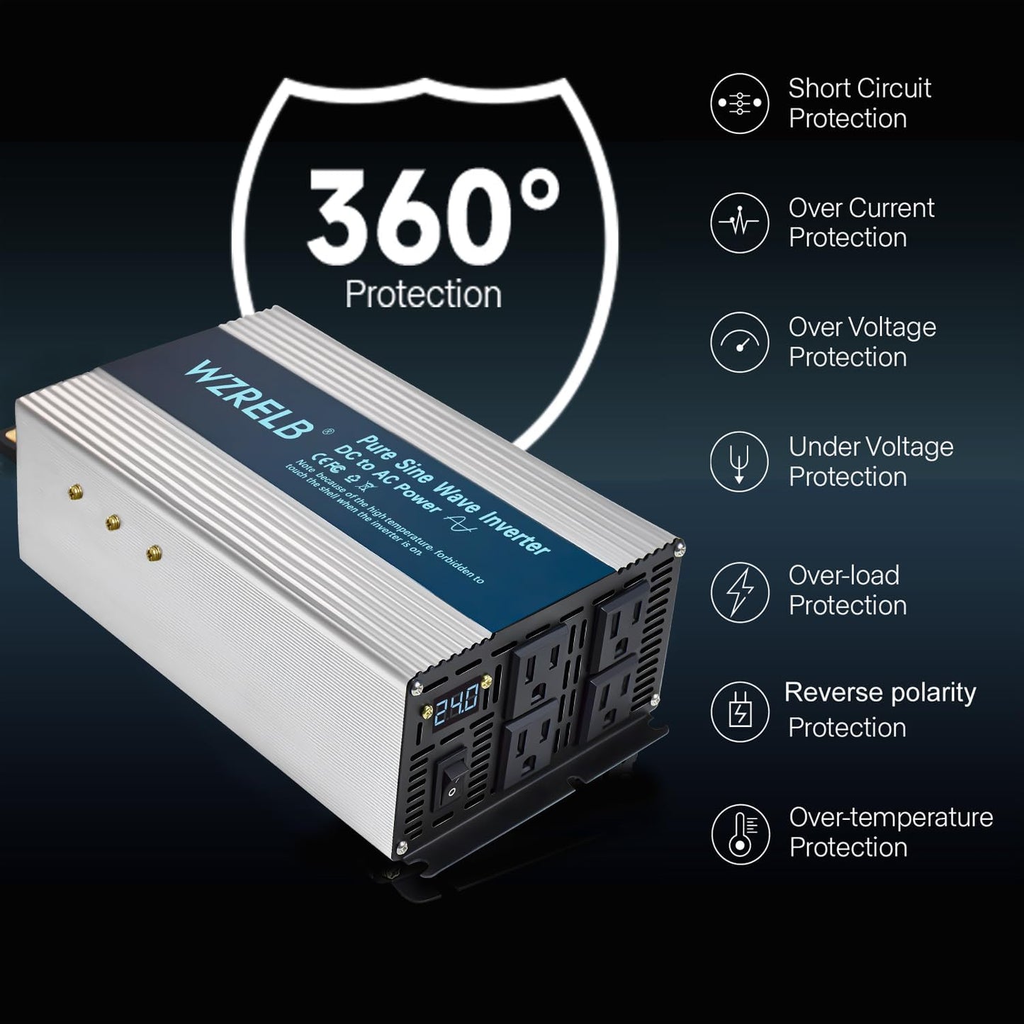 WZRELB 2000W Pure Sine Wave Inverter 24V DC to 110V 120V AC,Car Power Inverter with 4 AC Outlets, LED Display,Off-Grid Portable Power Converter for Home, RV, Truck, Camping