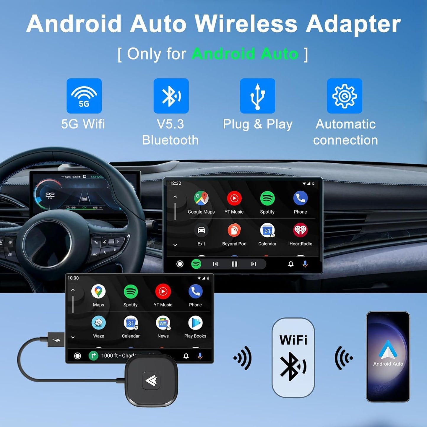 Android Auto Wireless Adapter for Wired Android Auto Cars Converts Wired to Wireless - Easy Setup Plug & Play Seamless Connection Stable and Fast