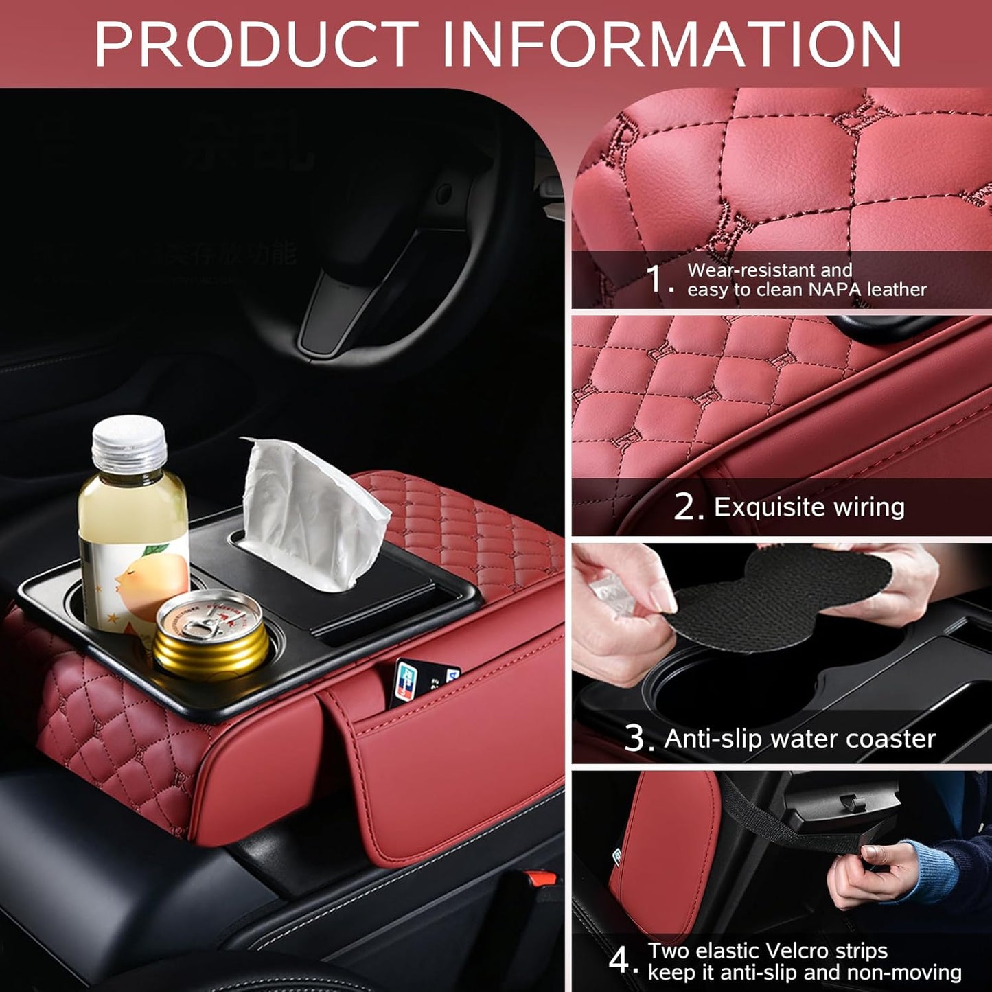 5 in 1 Car Armrest Storage Box for Center Console, Armrest Cushion Cover for Car with 2 Cup Holders Storage Bags, Tissue Box, Phone Slot, Premium Memory Foam with Nappa Leather, 14.2*7.9*2.8in (Gray)