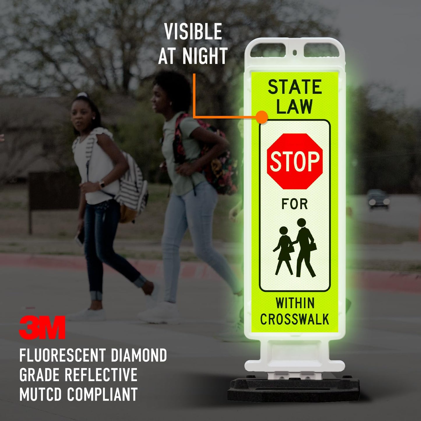 State Law Stop for Pedestrian in Crosswalk MUTCD R1-6a Sign, Double Sided 3M Engineer Grade Reflective, Portable Rubber Base, Impact Resistant Plastic Frame
