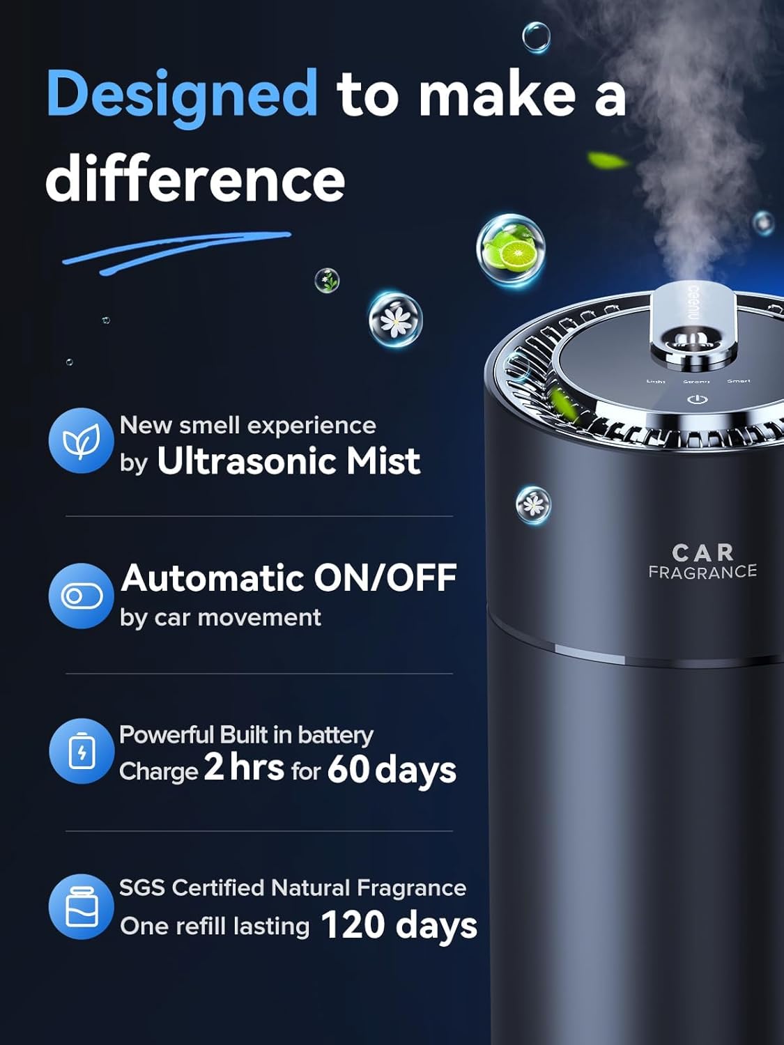 Ceeniu Smart Car Air Fresheners, New smell experience by Ultrasonic mist, Auto On/Off, Powerful Built-in Battery, Long lasting natural fragrance, Adjustable car freshener, Bamboo scent