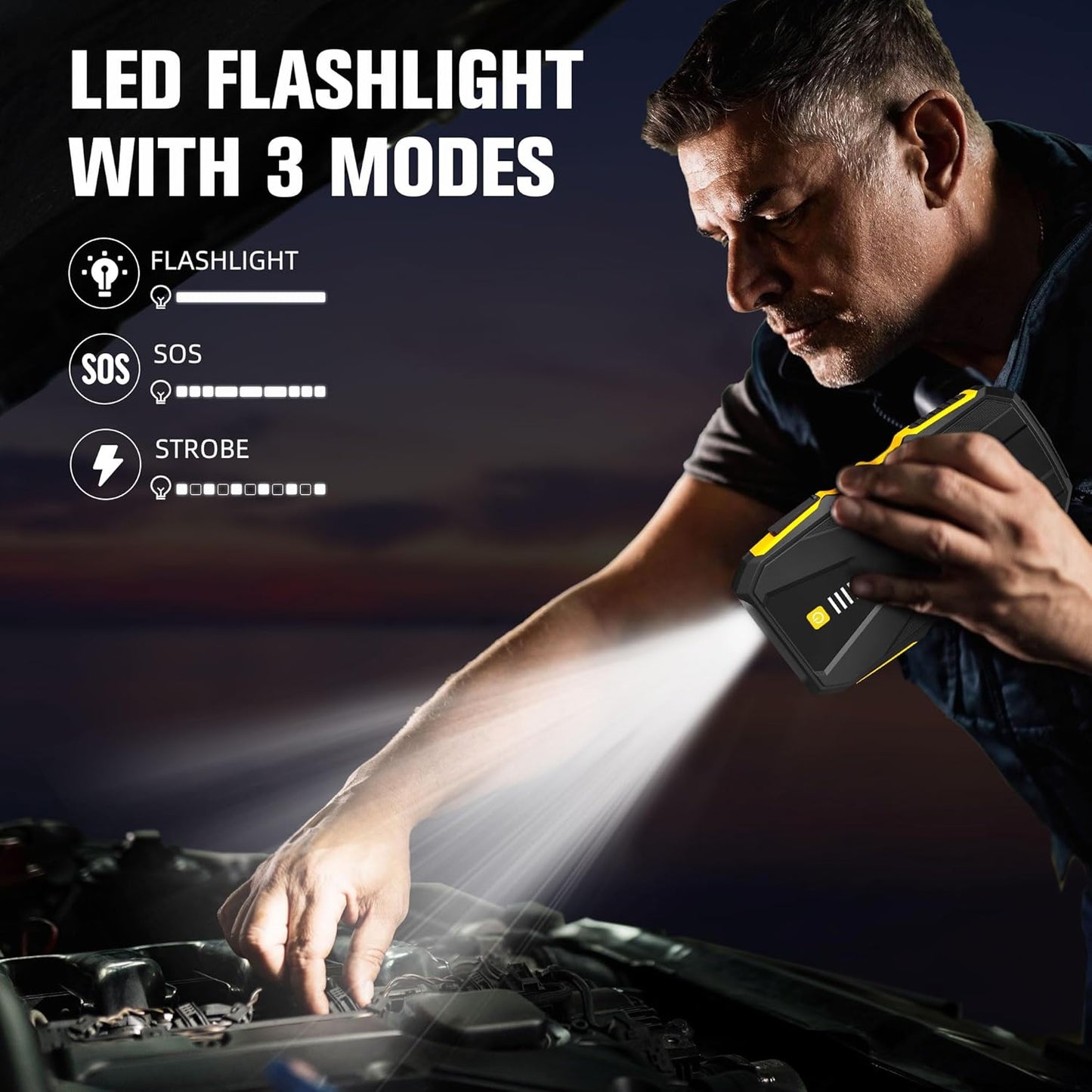 ASPERX 3000A Jump Starter for Car Battery, 12V Portable Jump Box with LED Light & Smart Jumper Cables, BMS for Up to 10.0L Gas or 8.0L Diesel Engines-Yellow