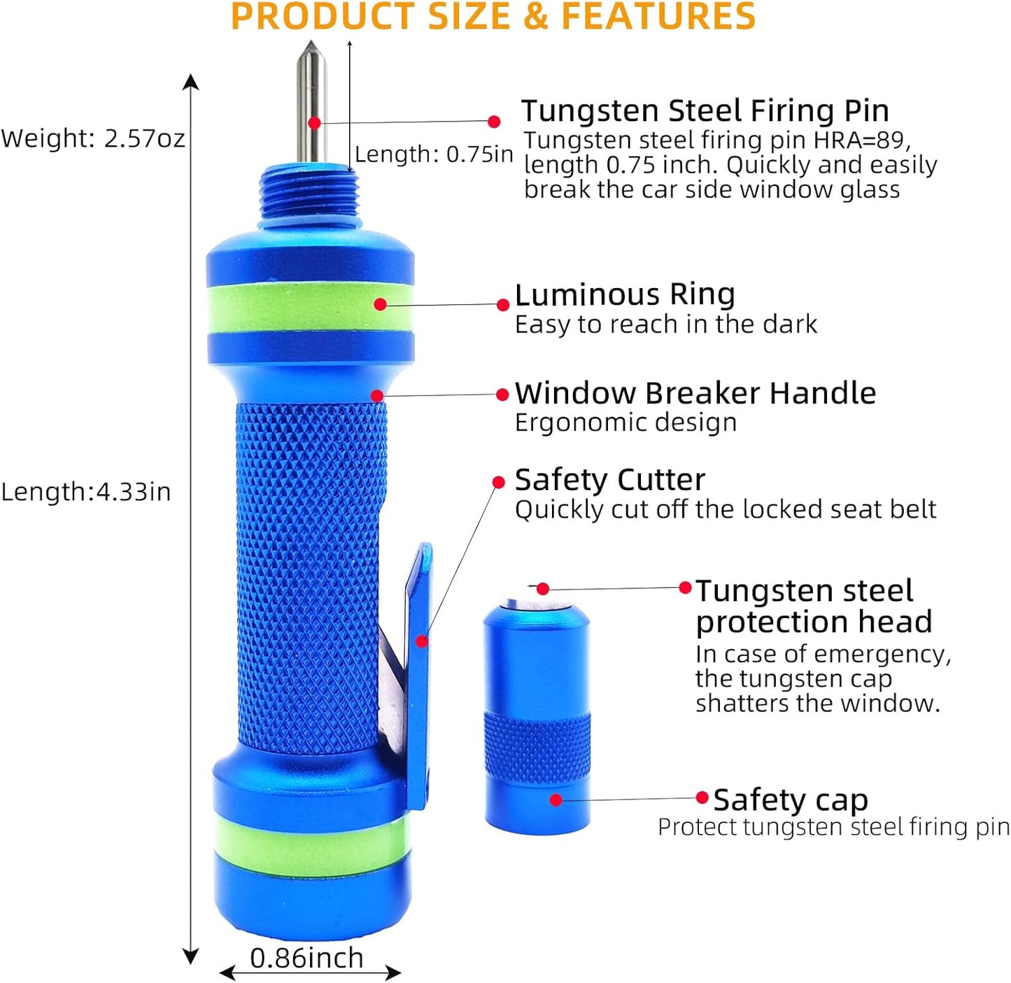 Allelic Car Window Breaker Tool, Window Breaker Seatbelt Cutter, Window Breaker, Glass Breaker, Spring-Loaded Window Breaker for Land & Underwater (Blue, 2 PCS)