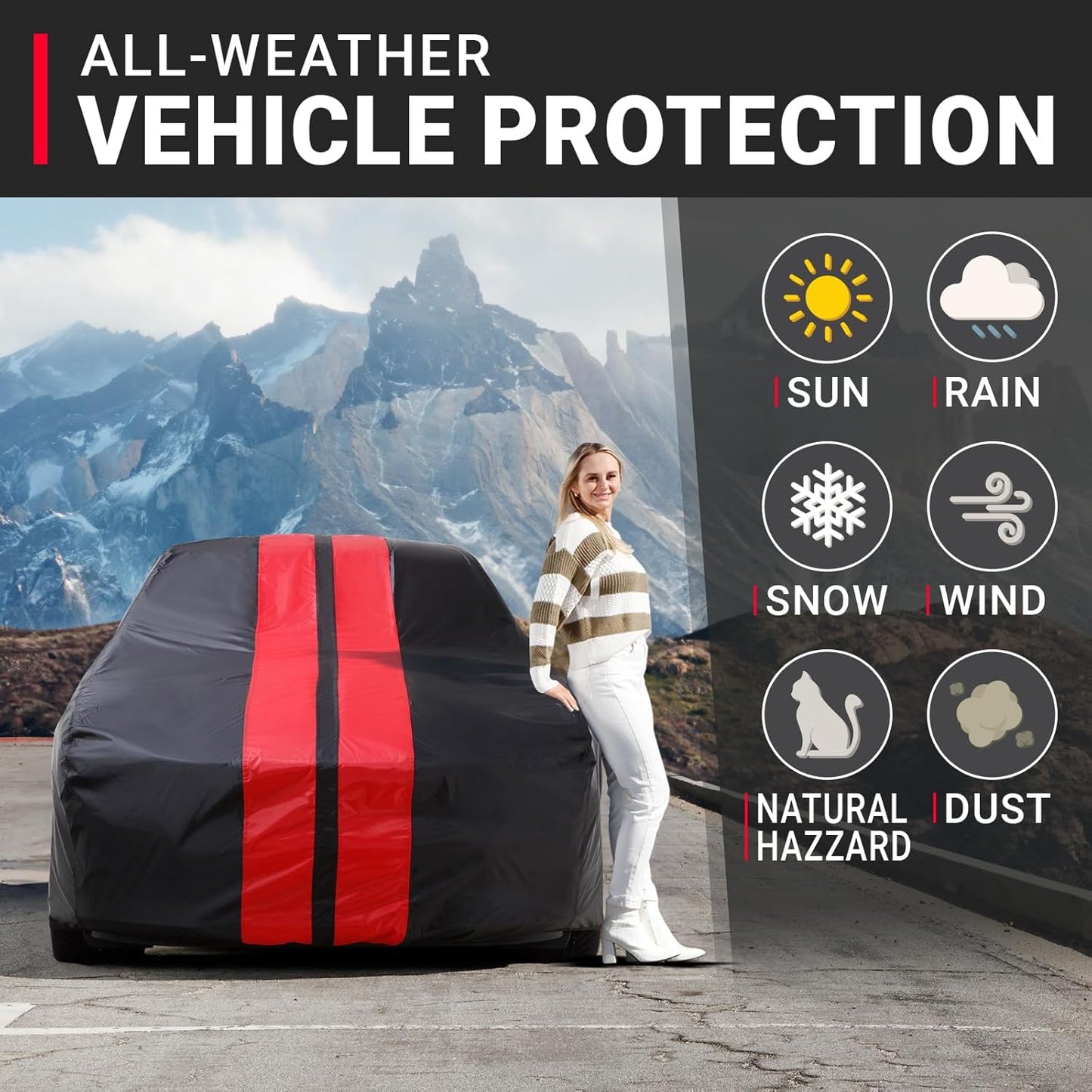 iCarCover Custom Car Cover for Pontiac Tempest Wagon (1964-1968) Waterproof All-Weather Rain Snow UV Sun Protector Full Exterior Indoor Outdoor Car Cover (Stripe - Black/Red)