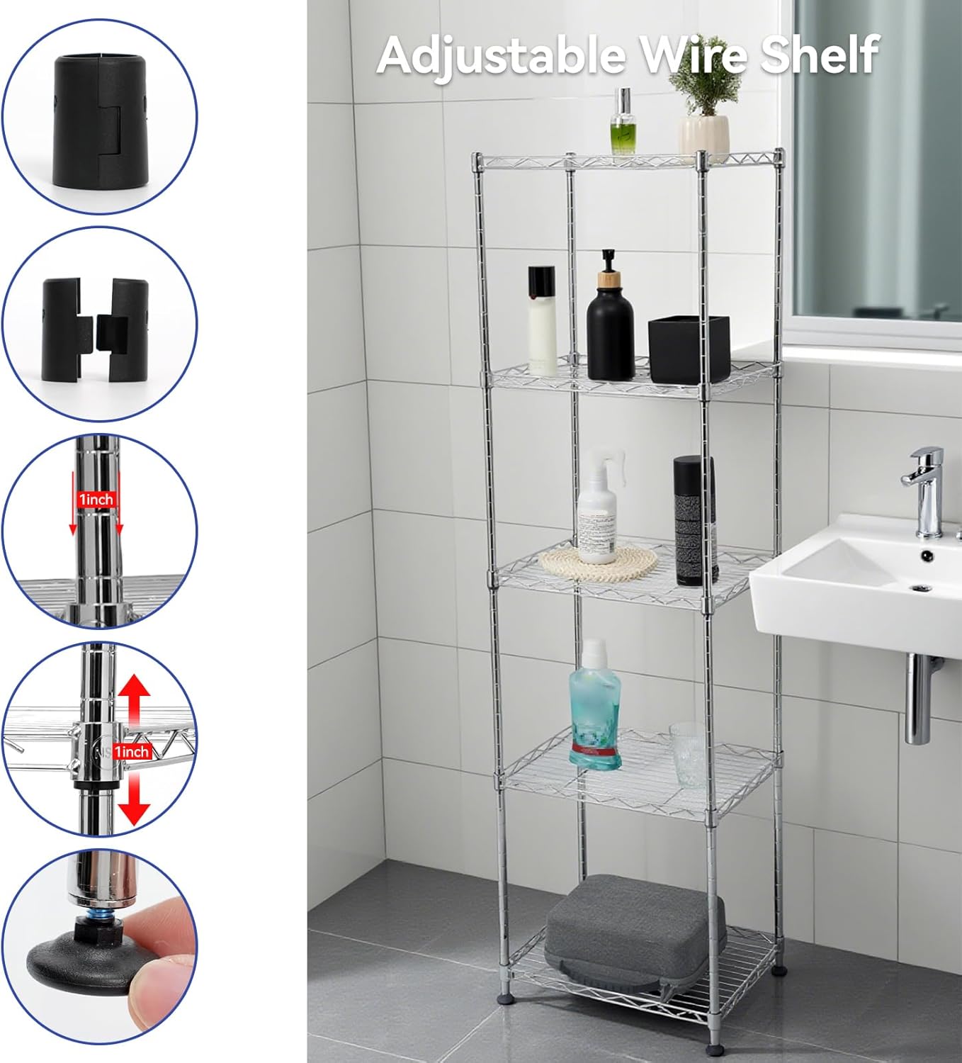 Chrome Small 5 Tiers Wire Shelving NSF Certified. Adjustable Storage Rack for Kitchen,Garage,and Laundry Utility Room (Chrome-Small-5Tiers-16x12x55)