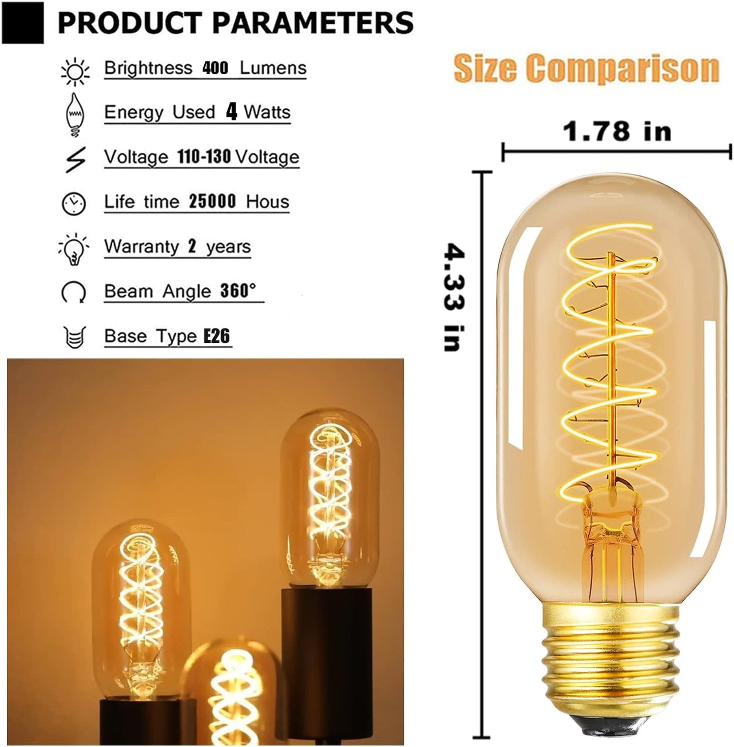 Vintage LED Spiral Filament Bulb T14, E26 Base, 4W Equivalent, 40W Warm White, 2200K, Dimmable, AC120V, 400LM, Amber Glass, Pack of 4