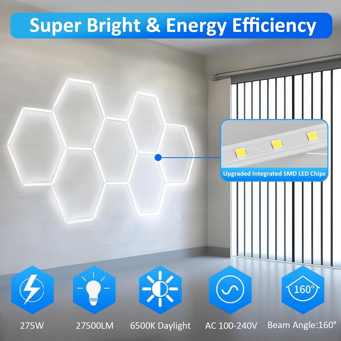 tewei Hexagon LED Garage Light, 7 Grids Hexagon Car Detailing Lighting Fixture 6500K Daylight White LED Shop Light, 275W, 27500LM Super Bright Ceiling Lights for Workshop, Warehouse, Gym, Basement