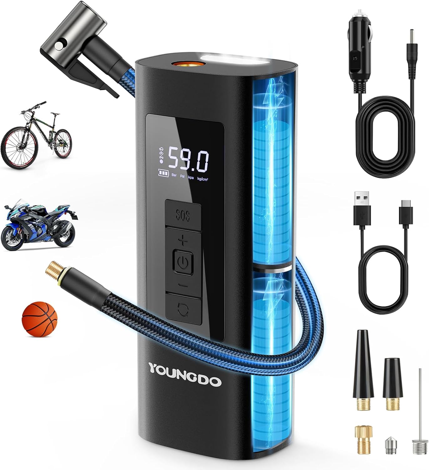 YOUNGDO Tire Inflator Portable Air Compressor, 150 PSI & 6000mAh, Tire Inflator with Pressure Gauge, Quick Inflation for Car,Motorcycle,Bike,Balls, Rechargeable Via USB-C as Torch and Power Bank