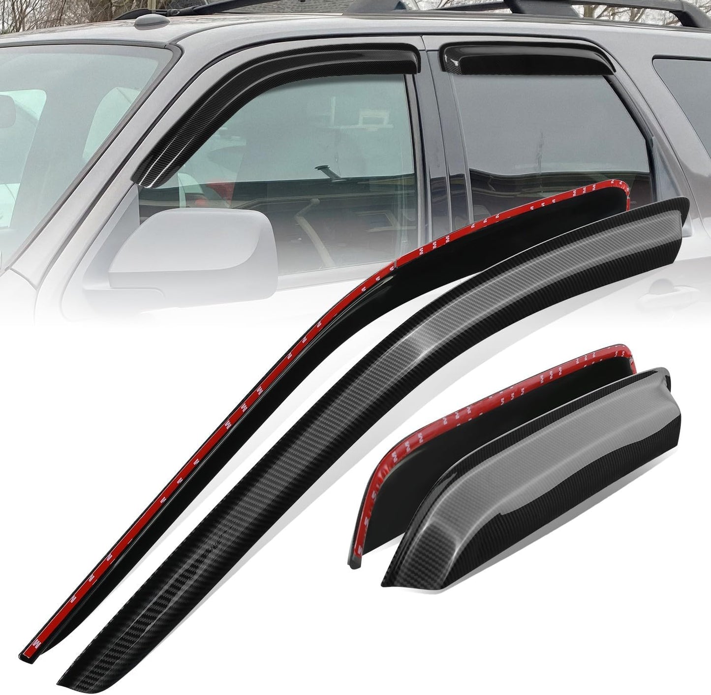 Auto Dynasty Set of 4 Carbon Fiber Pattern Window Visors Compatible with 2001-2012 Ford Escape Mazda Tribute Mercury Mariner, Tape-On Rain Guards Shield Vent Shade Deflector Glossy Black