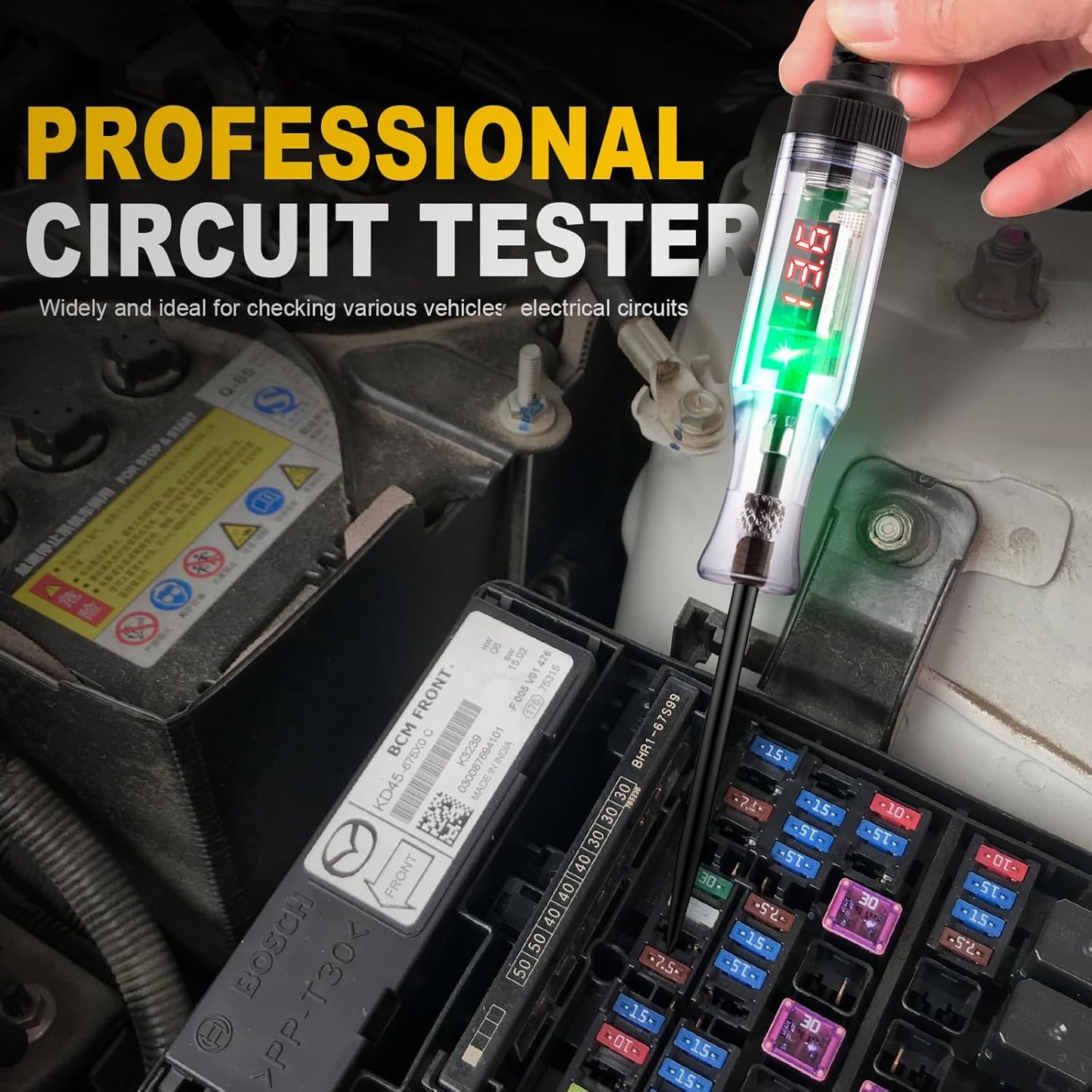 Automotive Test Light 5-90V Digital LED Circuit Tester with Voltage Display, Auto Bidirectional Light Tester, Electrical Voltage Tester with Extended Spring Wire & Probe for Car/RV/Vehicles