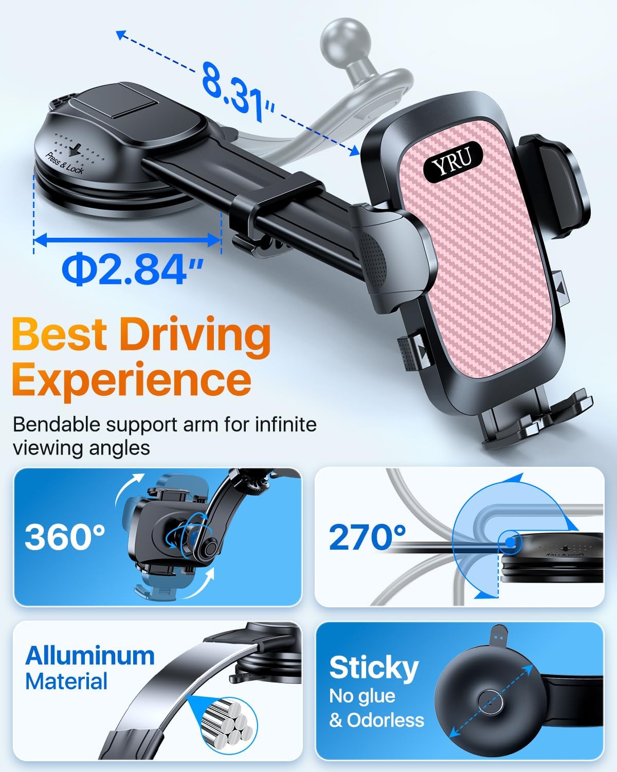 YRU [2025 Ultimate Car Phone Holder [Bendable & Adjustable Aluminum Arm] Cell Phone Automobile Cradles Dashboard Windshield Pickup Truck Phone Mount for iPhone 16 15 14 13 Pro Max Samsung, Pink