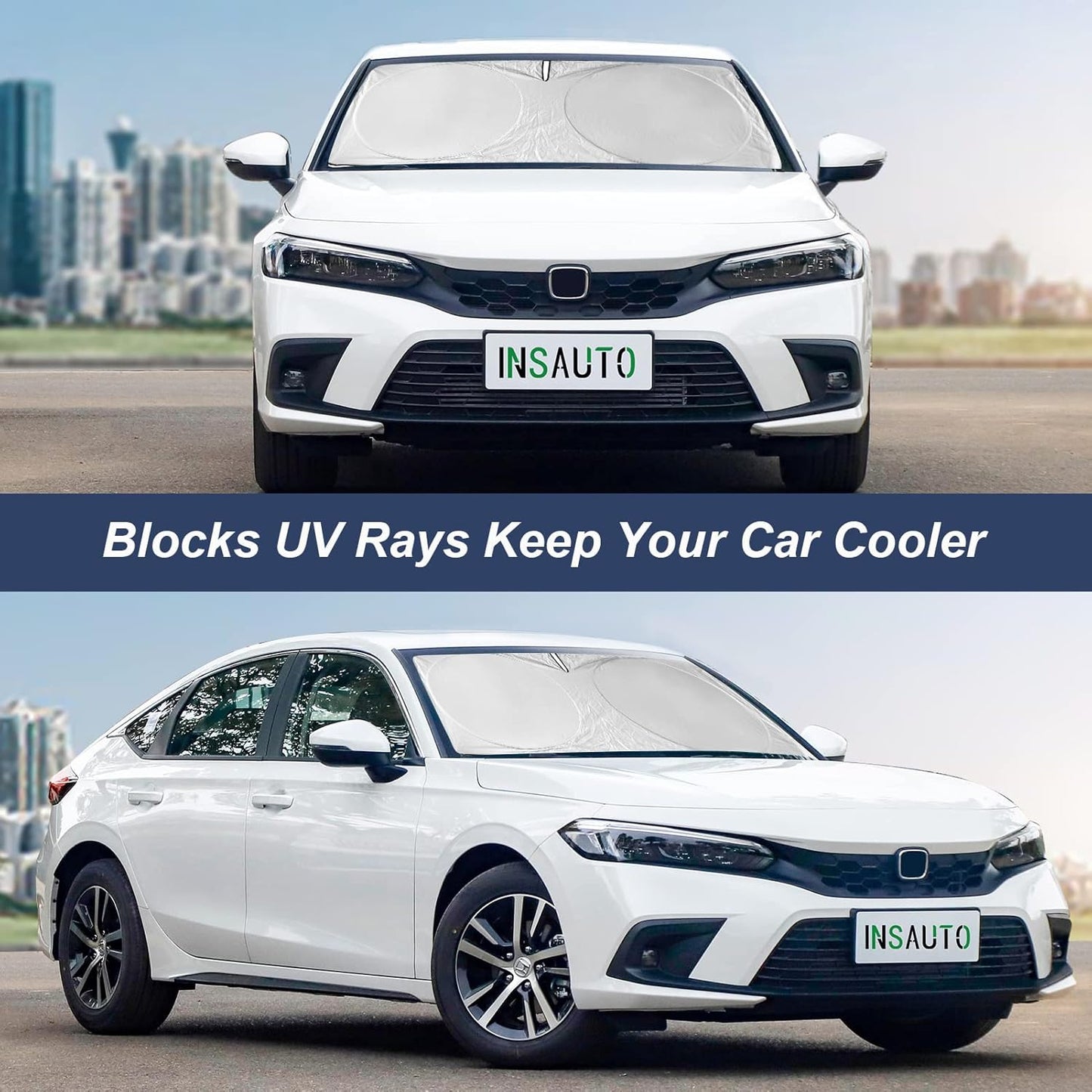 INSAUTO Windshield Sun Shades Compatible with Honda Civic Accord, Front Window Sunshade for Windshield Cover Foldable Sun Visor Protector 210T Reflective Cool Car Accessories (61" X 34.6")