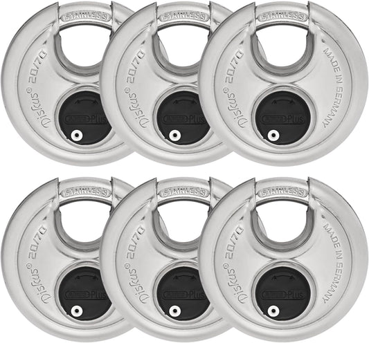 6 Pack ABUS Diskus 20/70 Heavy Duty Stainless Steel Disk Padlock - Rustproof Storage Lock with 3/8" Shackle - Made in Germany - Keyed Alike Code 323614