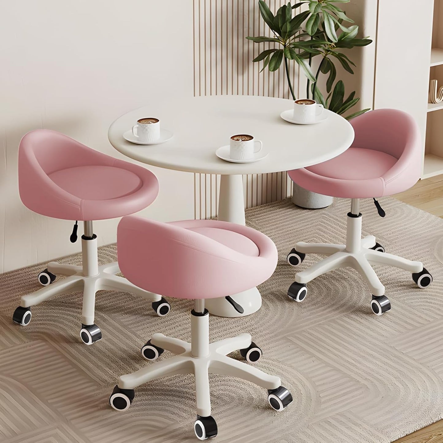 Rolling Stool Set of 3 Rolling Hydraulic Salon Stool with Low Backrest - Adjustable Swivel Chair for SPA, Shop, Salon, Massage, or Medical Office Pink