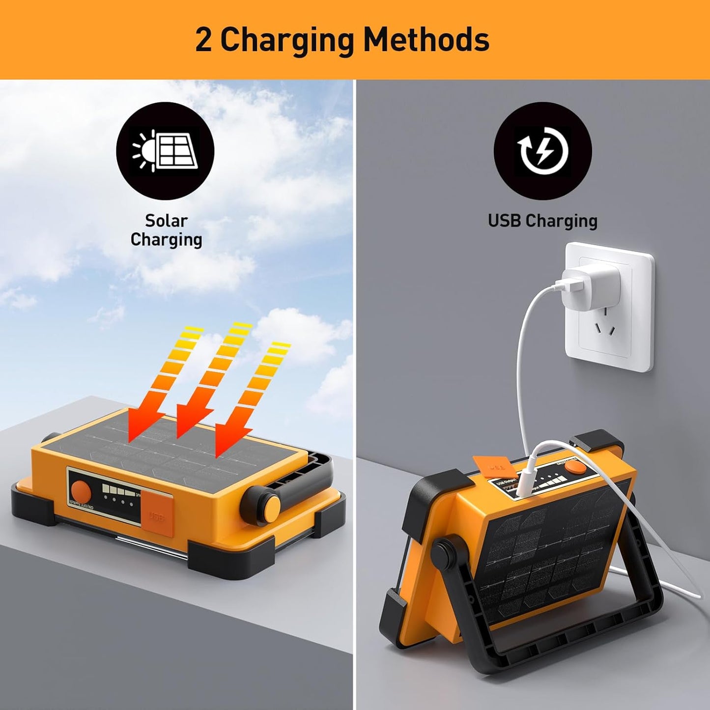 120W Solar Rechargeable Work Light, 144 LED 10000LM Led Work Light with 4 Modes, Portable Flood Light with Stand, IP66 Waterproof Outdoor Working Light for Emergency Mechanic Camping Repair (Yellow)