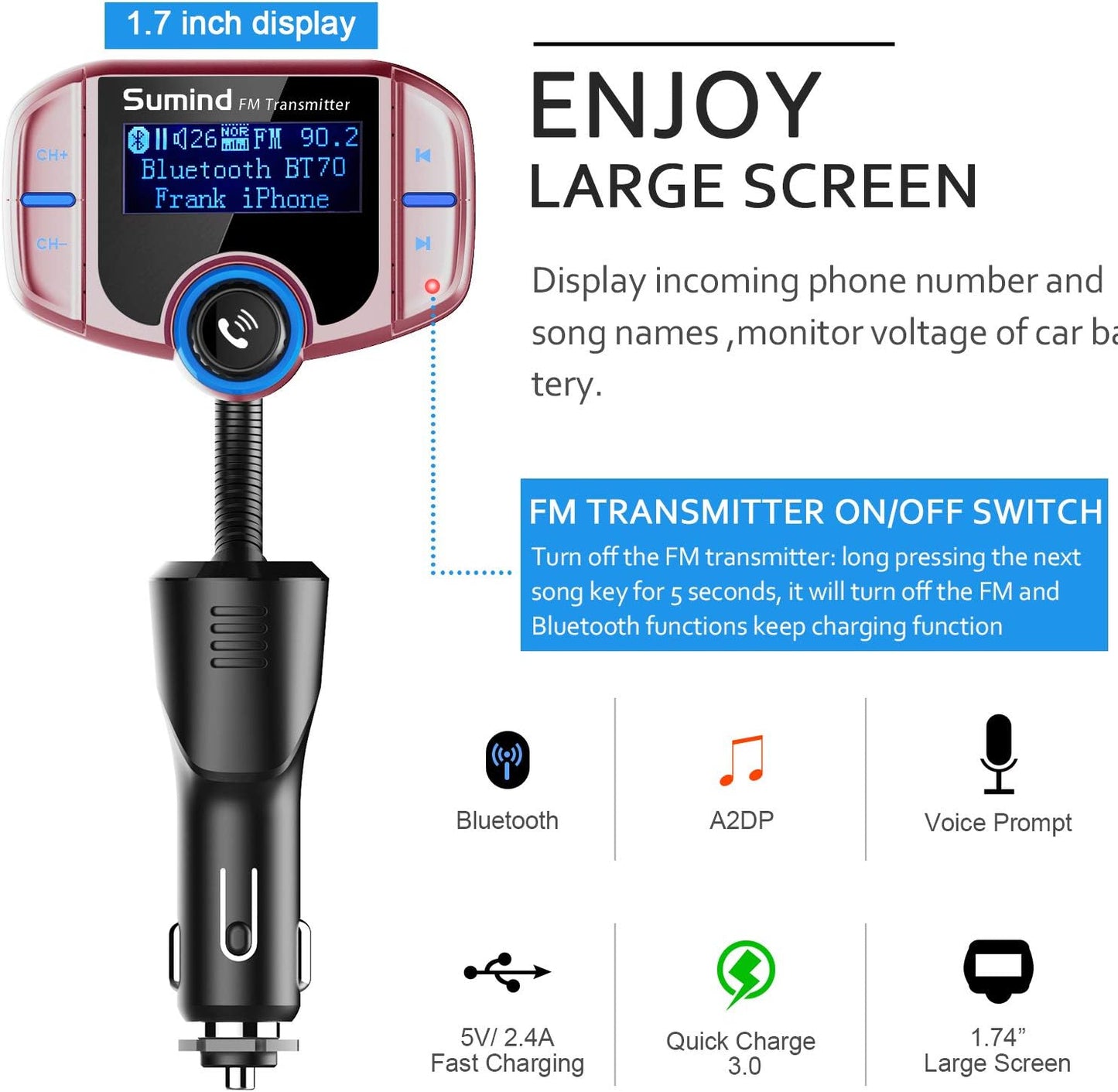 Upgraded Bluetooth FM Transmitter, Wireless Radio Adapter Hands Free Car Kit with 1.7'' Display, QC3.0 and Smart 2.4Amp Dual USB Ports, AUX Input/Output, TF Card Mp3 Player (Normal, Rose Gold)