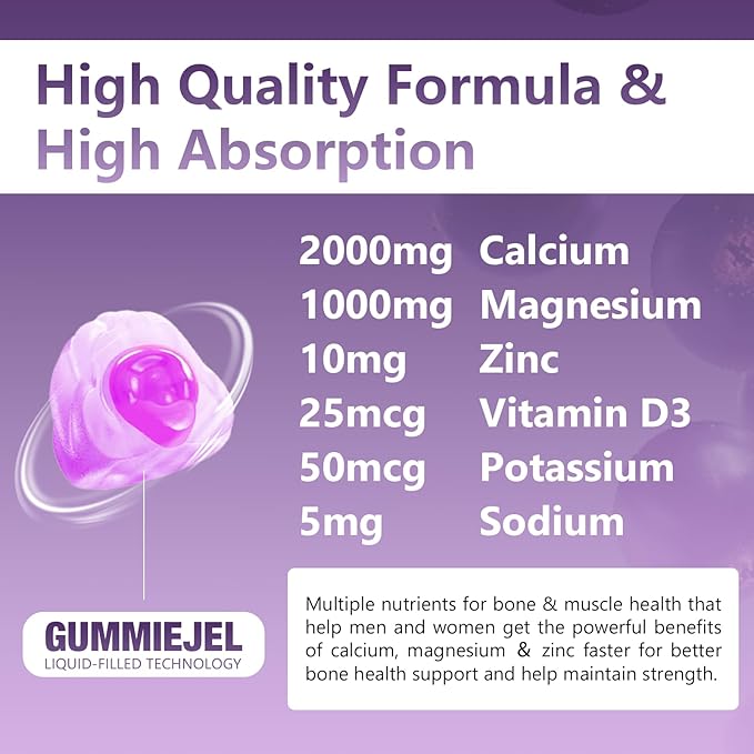 1 Pack 2000MG Calcium Magnesium Zinc Gummies with Vitamin D3 & Elderberry, Sea Moss for Bone ＆ Tooth Strength, Muscle ＆ Immunity, Blueberry Flavor, 60ct.