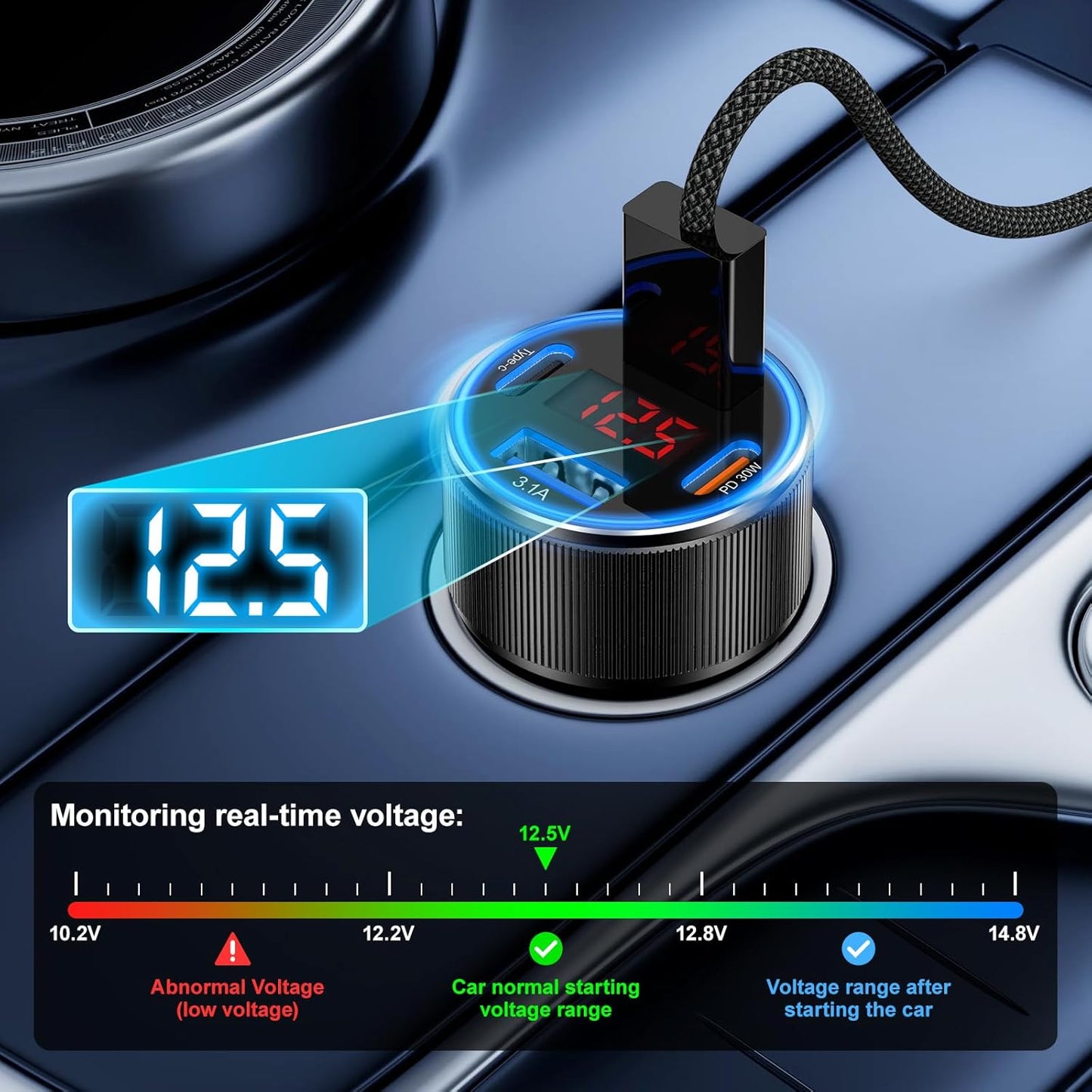 Car Phone Charger, Besgoods USB C Car Charger Adapter 4 Ports with Voltmeter PD&QC Fast Charging Cigarette Lighter USB Charger for iPhone 16 15 14 13 12 Galaxy S24 S23 A54 A15 Dash Cam Car Acc, 2Pack