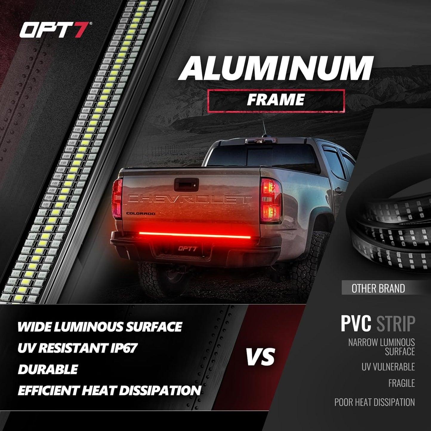 OPT7 48" Redline Triple Row LED Tailgate Light Bar w/Sequential RED Turn Signal - Weatherproof Rigid Aluminum Frame Light Strip for Colorado Canyon Frontier - Full Functions Reverse Brake Running