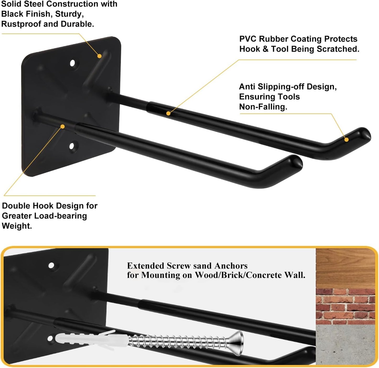 Steel Garage Storage Hooks Wall Tool Organizer, 10 Inch Garage Hook Heavy Duty Utility Storage Hangers Black for Ladders, Chairs, Garden Tools, Set of 4