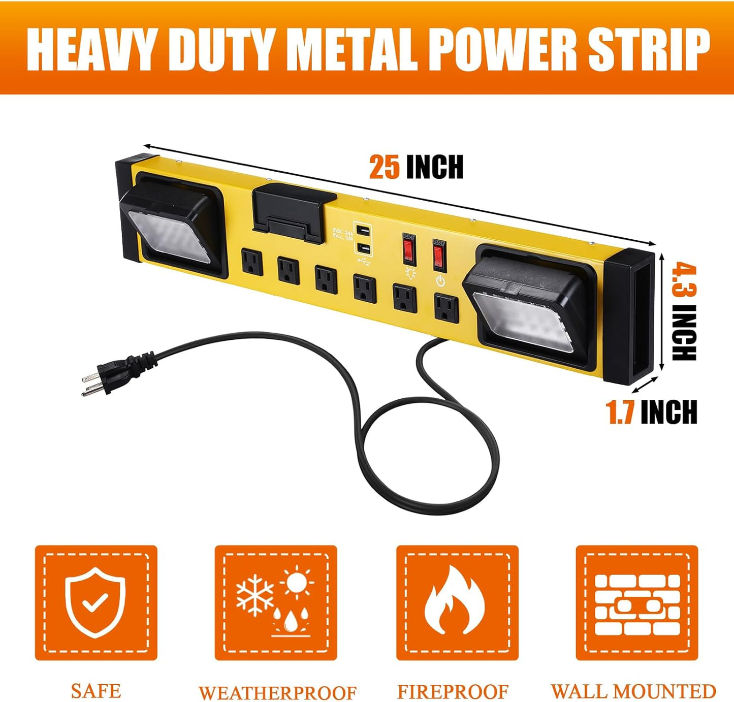 6 Outlets Power Strip with LED Worklight, Metal Heavy Duty Wall Mount Workbench Power Strip with 6FT 14/3 AWG Cord, 2 USB Ports, 15A Circuit Breaker for Home Office Garage Workshop