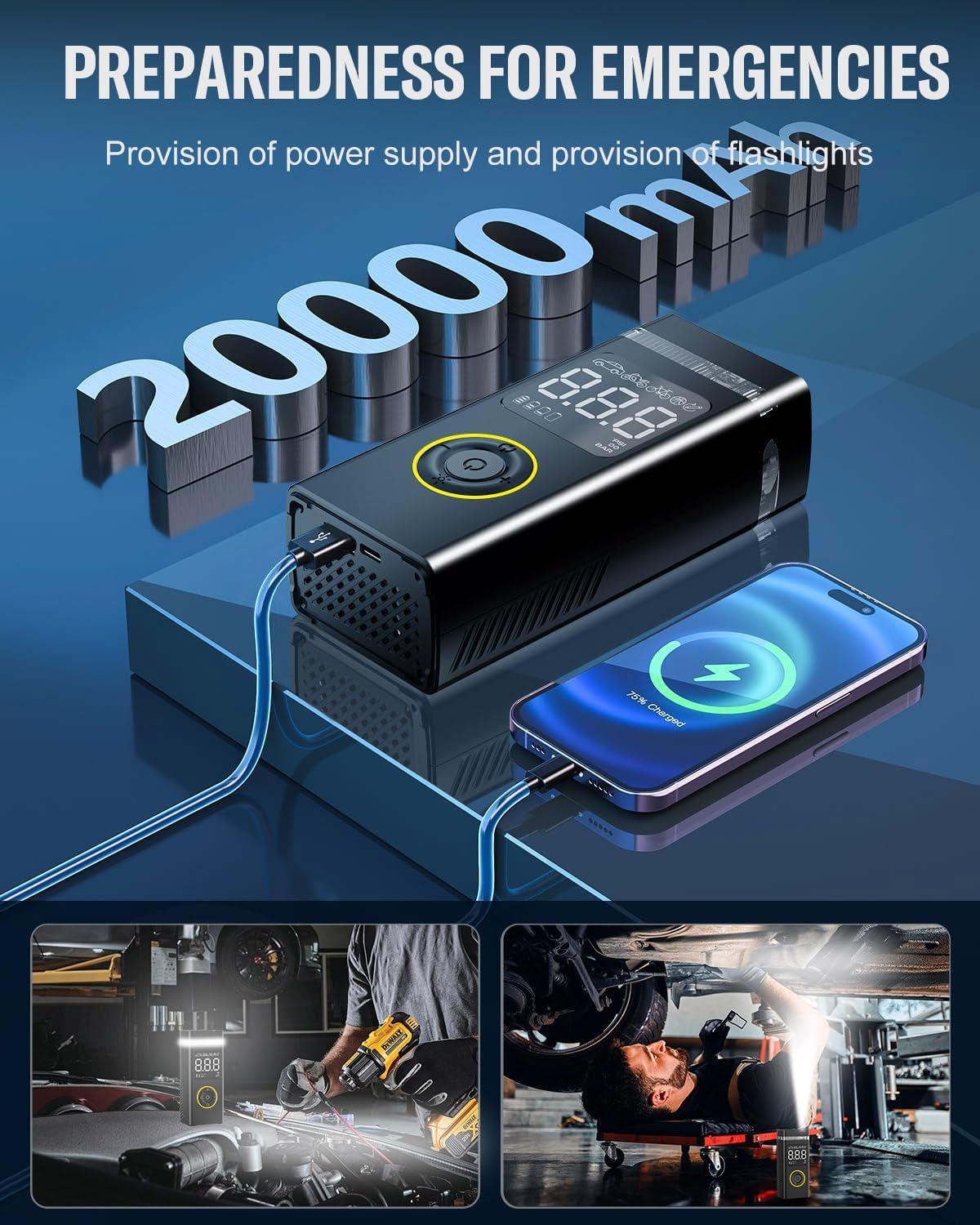 Tire Inflator Portable Air Compressor,200PSI 20000mAh Pump for Car Cordless with Pressure Gauge,5X Fast Inflation with Dual Lights for Cars Bicycles Motorcycles Balls