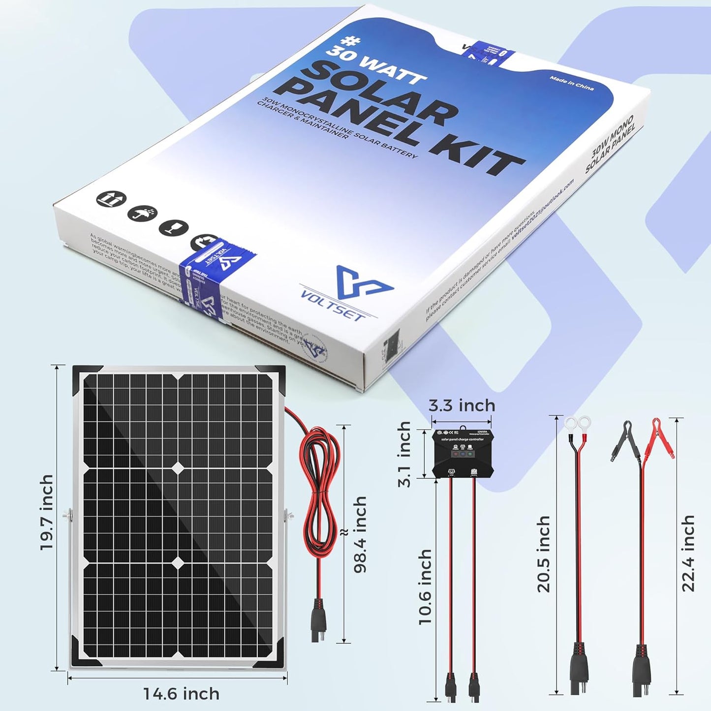 Solar Panel Kit 30W 12V, Solar Battery Trickle Charger Maintainer, Waterproof Solar Panel + Upgrade Charge Controller + Adjustable Mount Bracket for Boat RV Motorcycle Marine